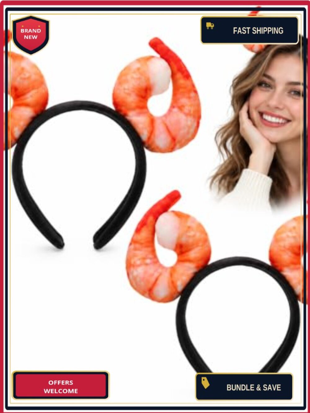 Novelty Shrimp Headband 2pc Plush Seafood Costume Photo Booth Prop